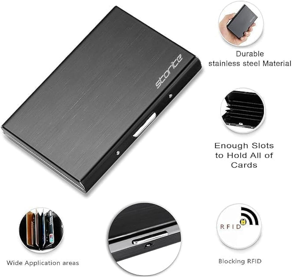 Stainless Steel Black 8 Slots RFID Protected Metal Credit/Debit/ATM Card Holder Case Wallet for Men & Women (Black- (Pack of 1)