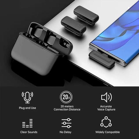 Wireless Collar Mic for All Smartphones / Type-C – Noise Cancellation Lapel Wireless Mic (Dual Android) | 50m Range | Plug & Play | 1 Set