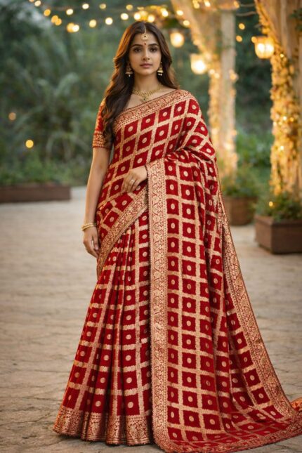 Elegant Red Banarasi Style Saree with Golden Weaving – Festive aur Wedding wear ke liye perfect, jo aapko royal aur graceful look deti hai.