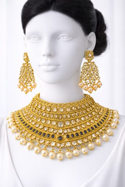 Luxury Gold Layered Choker Jewellery Set with Pearl Drops