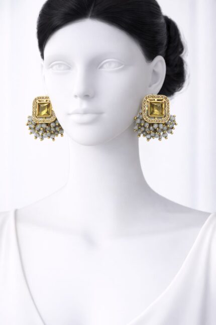 Golden Stone Designer Stud Earrings with Grey Bead Drops