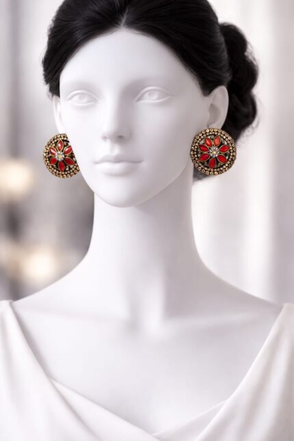 Antique Red Floral Stud Earrings