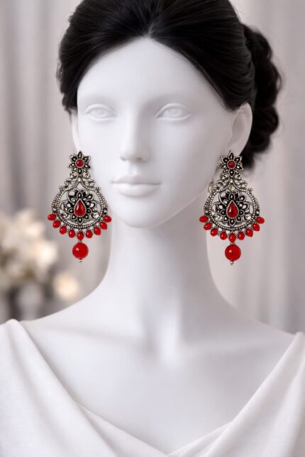 Antique Silver Red Stone Jhumka Earrings